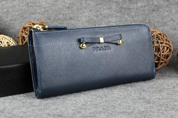 2013 Prada Bowknot Saffiano Leather Wallet 1382 dark blue - Click Image to Close