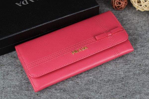 New Prada Bowknot Saffiano Leather Wallet 1383 rose red