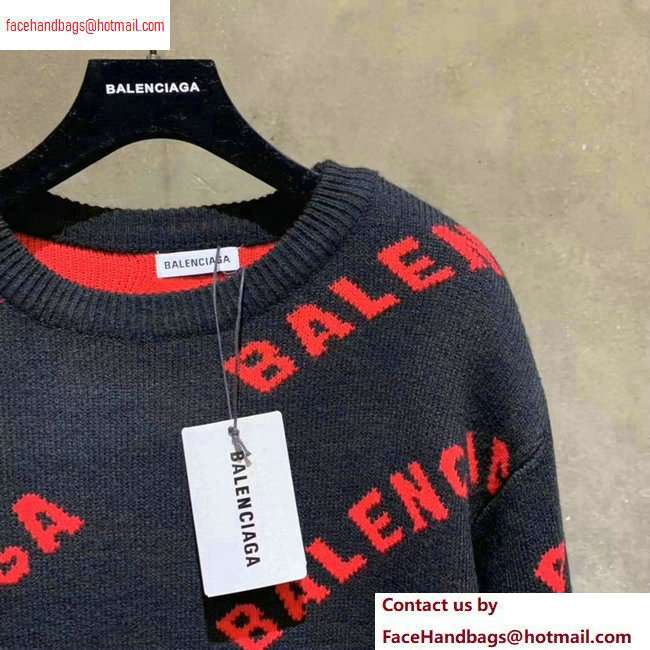 Balenciaga Jacquard All Over Logo Crewneck Sweater Dark Blue/Red 2020 - Click Image to Close