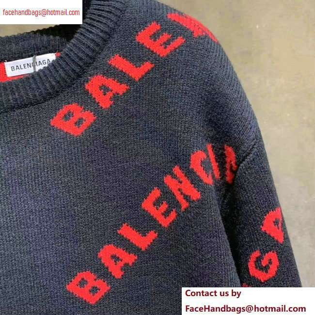 Balenciaga Jacquard All Over Logo Crewneck Sweater Dark Blue/Red 2020 - Click Image to Close