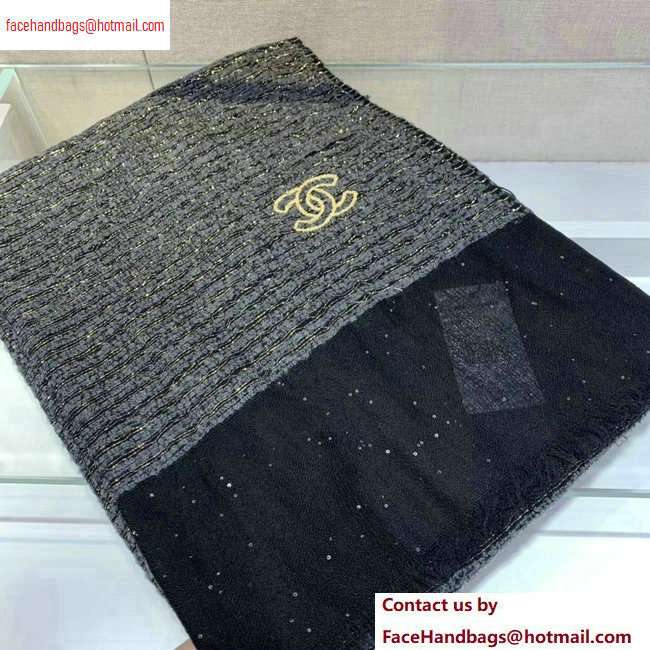 Chanel CC Logo Sequins Fringe Scarf 90x90cm Black/Gold 2020