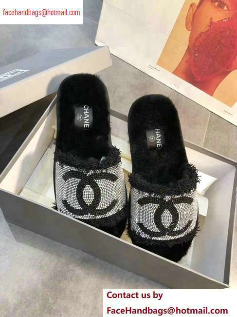 Chanel CC Logo Shearling Mules Slipper Sandals Black 2020