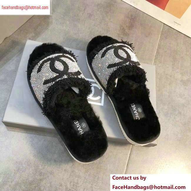 Chanel CC Logo Shearling Mules Slipper Sandals Black 2020 - Click Image to Close