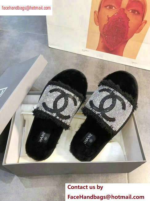 Chanel CC Logo Shearling Mules Slipper Sandals Black 2020 - Click Image to Close