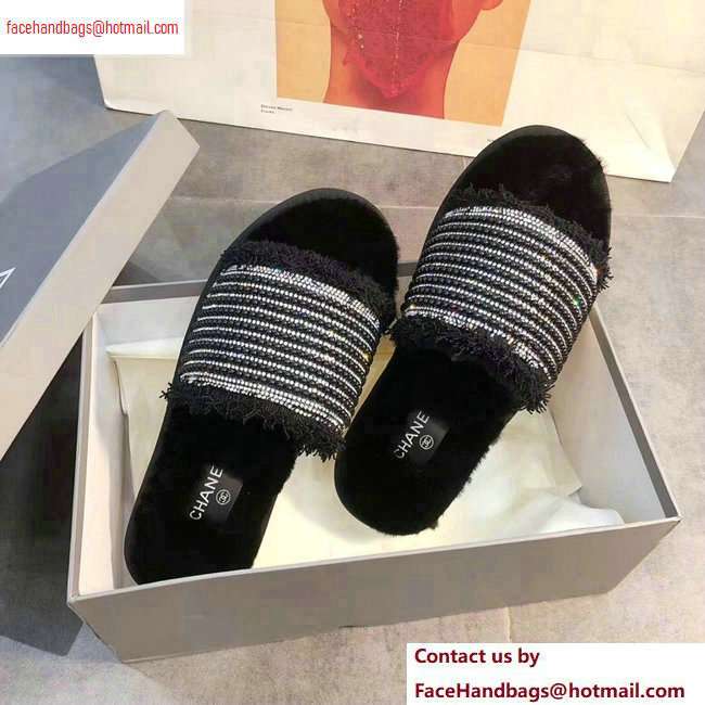 Chanel CC Logo Shearling Mules Slipper Sandals Pearl Black 2020 - Click Image to Close
