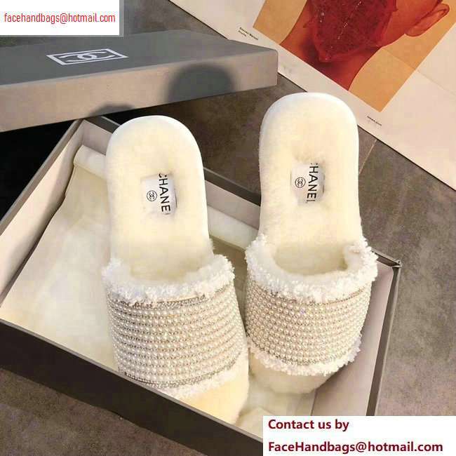 Chanel CC Logo Shearling Mules Slipper Sandals Pearl Creamy 2020 - Click Image to Close