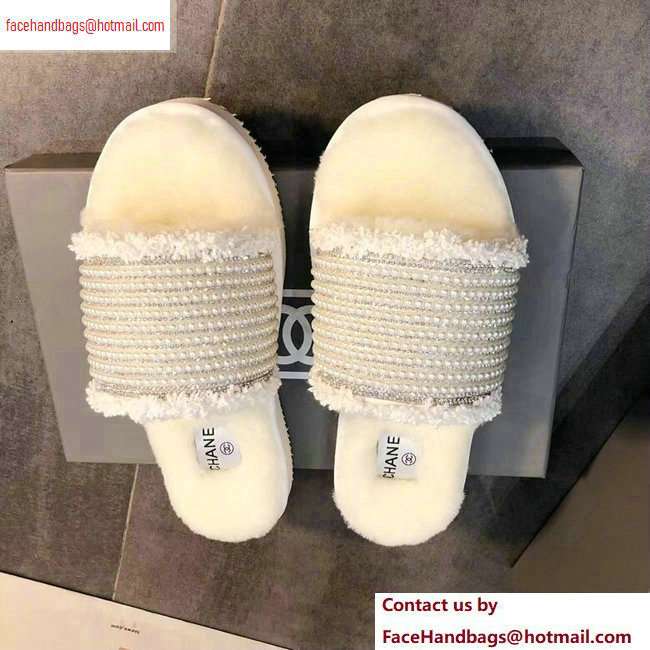 Chanel CC Logo Shearling Mules Slipper Sandals Pearl Creamy 2020