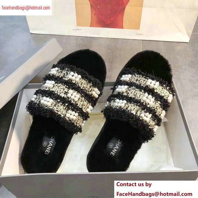 Chanel CC Logo Shearling Mules Slipper Sandals Tweed Pearl Black 2020 - Click Image to Close