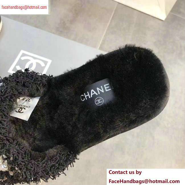 Chanel CC Logo Shearling Mules Slipper Sandals Tweed Pearl Black 2020 - Click Image to Close