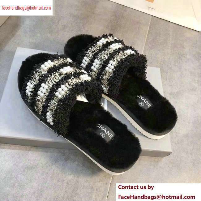 Chanel CC Logo Shearling Mules Slipper Sandals Tweed Pearl Black 2020