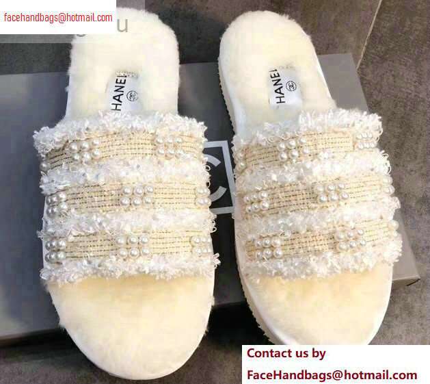 Chanel CC Logo Shearling Mules Slipper Sandals Tweed Pearl Creamy 2020 - Click Image to Close