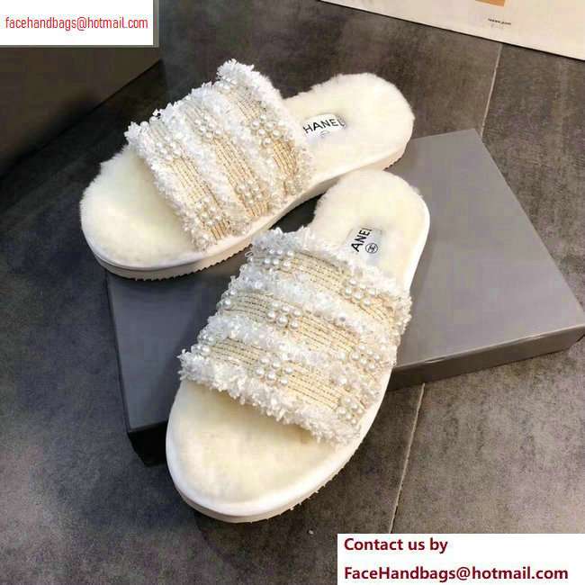 Chanel CC Logo Shearling Mules Slipper Sandals Tweed Pearl Creamy 2020 - Click Image to Close