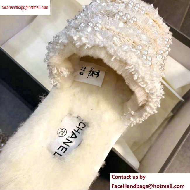Chanel CC Logo Shearling Mules Slipper Sandals Tweed Pearl Creamy 2020