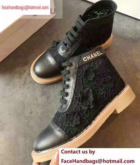 Chanel Camellia Embroidery Lace-Ups G34862 Black 2020 - Click Image to Close