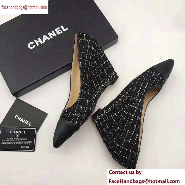 Chanel Chain Heel 8cm Wedge Pumps Tweed Grid Black 2020
