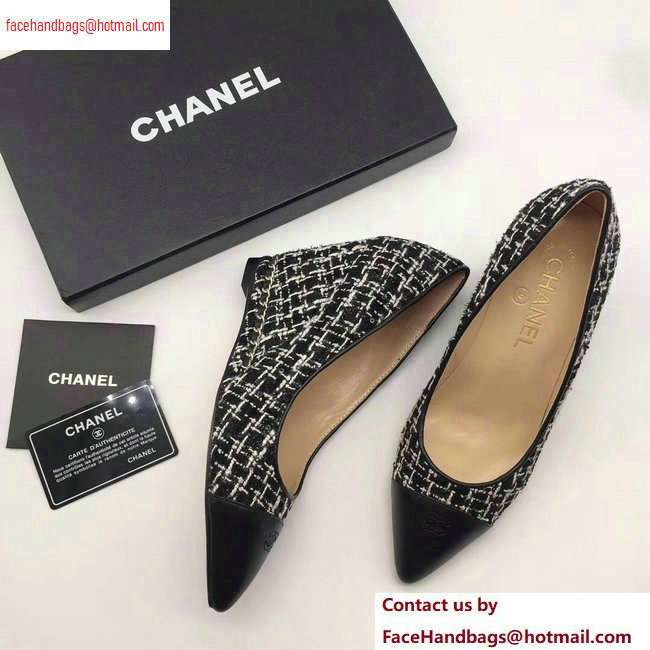 Chanel Chain Heel 8cm Wedge Pumps Tweed Grid White/Black 2020 - Click Image to Close
