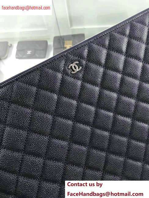 Chanel Classic Pouch Clutch Large Bag A82552 Caviar Leather Navy Blue/Silver