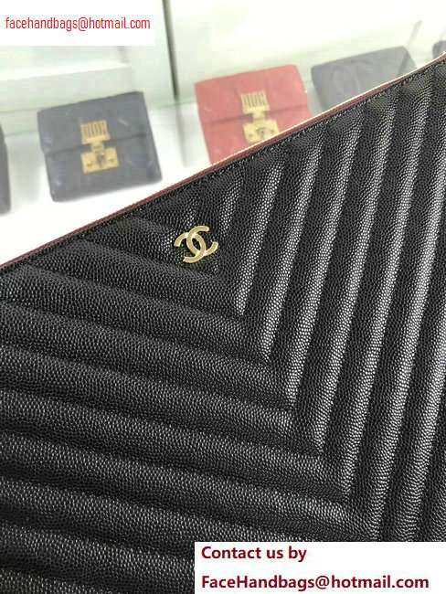 Chanel Classic Pouch Clutch Large Bag A82552 Chevron Caviar Leather Black/Gold
