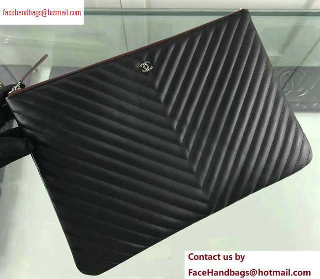 Chanel Classic Pouch Clutch Large Bag A82552 Chevron Lambskin Black/Silver - Click Image to Close