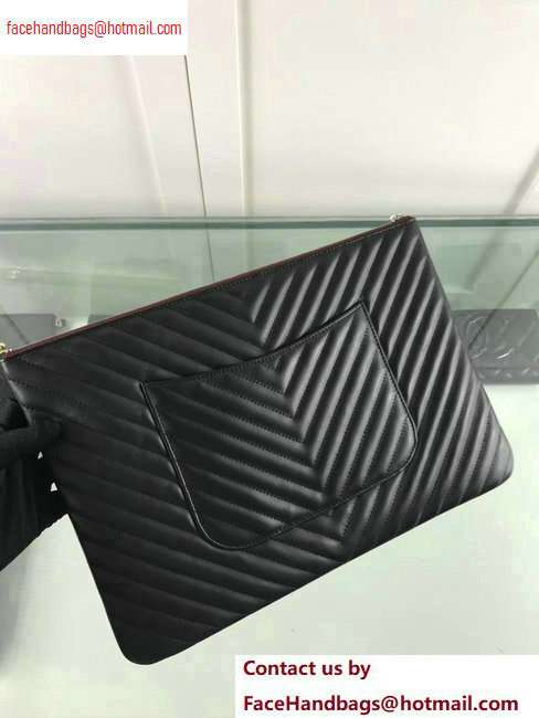 Chanel Classic Pouch Clutch Large Bag A82552 Chevron Lambskin Black/Silver - Click Image to Close