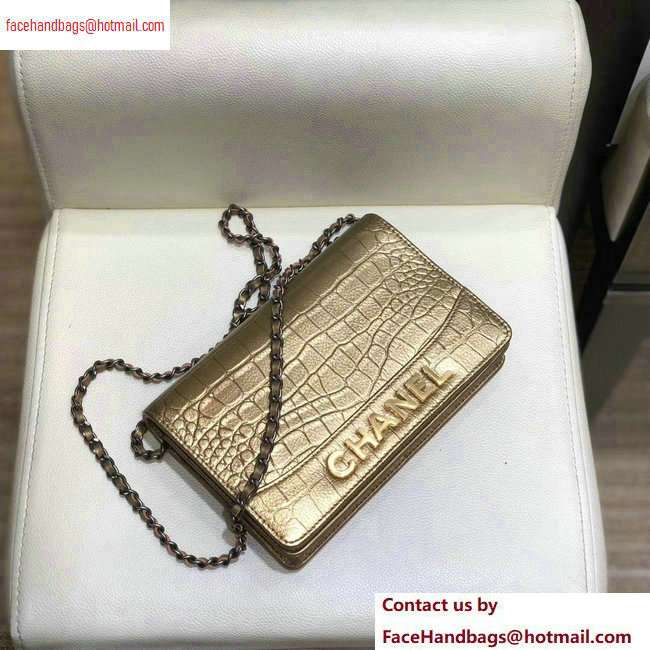 Chanel Crocodile Embossed Calfskin Gabrielle Wallet On Chain WOC Bag Metallic Gold 2020