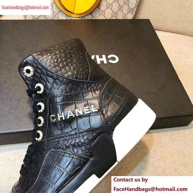 Chanel Crocodile Embossed Calfskin Sneakers G35079 Black 2020 - Click Image to Close