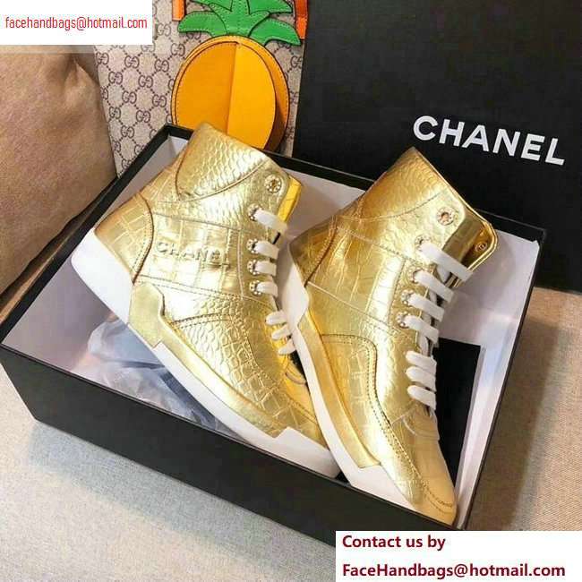 Chanel Crocodile Embossed Calfskin Sneakers G35079 Metallic Gold 2020 - Click Image to Close