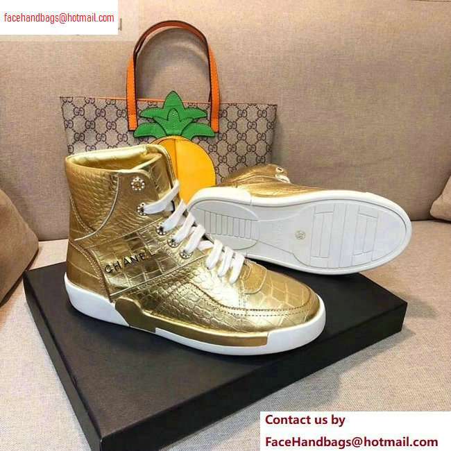 Chanel Crocodile Embossed Calfskin Sneakers G35079 Metallic Gold 2020