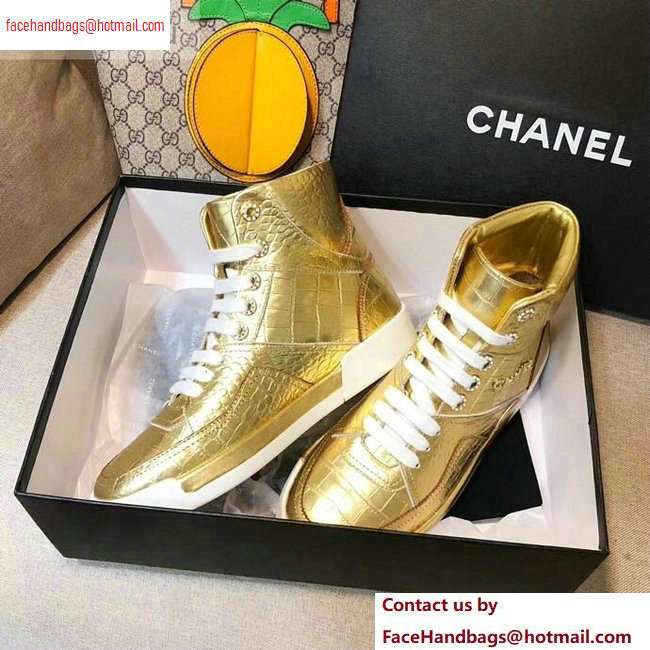 Chanel Crocodile Embossed Calfskin Sneakers G35079 Metallic Gold 2020
