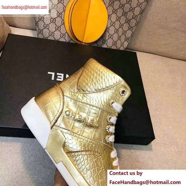 Chanel Crocodile Embossed Calfskin Sneakers G35079 Metallic Gold 2020 - Click Image to Close