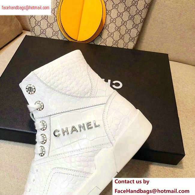 Chanel Crocodile Embossed Calfskin Sneakers G35079 White 2020