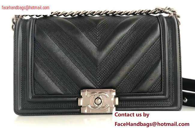 Chanel Embossed Chevron Medium Boy Flap Bag Black 2020