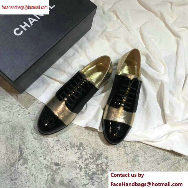 Chanel Glittered Fabric/Patent Calfskin Lace-Ups G34128 Metallic Gold 2020 - Click Image to Close