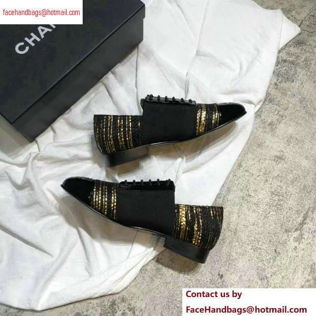 Chanel Glittered Fabric/Patent Calfskin Lace-Ups G34128 Tweed Black/Gold 2020 - Click Image to Close