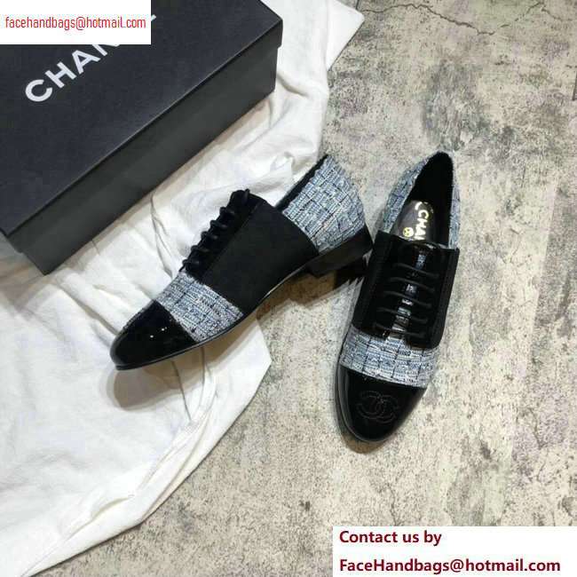 Chanel Glittered Fabric/Patent Calfskin Lace-Ups G34128 Tweed Blue 2020