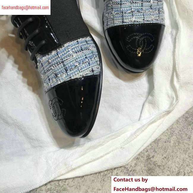 Chanel Glittered Fabric/Patent Calfskin Lace-Ups G34128 Tweed Blue 2020 - Click Image to Close