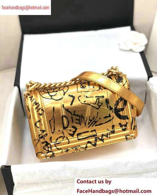 Chanel Graffiti Crocodile Embossed Printed Boy Flap Small Bag Gold 2020