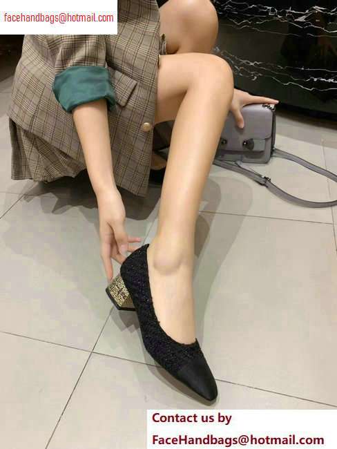 Chanel Heel 4cm Tweed/Grosgrain Pumps G34906 Black/Gold 2020