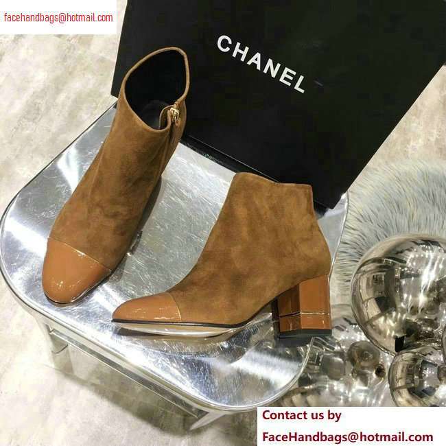 Chanel Heel 5.5cm Ankle Boots Suede Brown/Patent Leather 2020