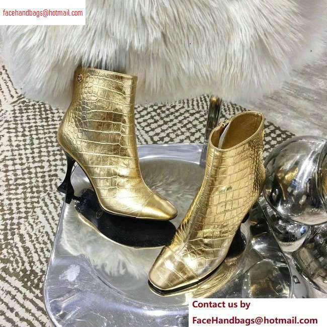 Chanel Heel 8.5cm Ankle Boots G34902 Crocodile Embossed Metallic Gold 2020 - Click Image to Close