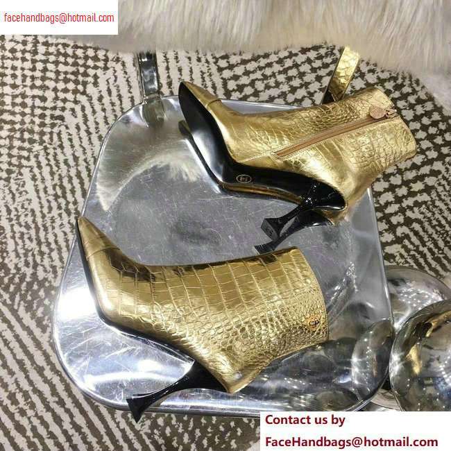 Chanel Heel 8.5cm Ankle Boots G34902 Crocodile Embossed Metallic Gold 2020