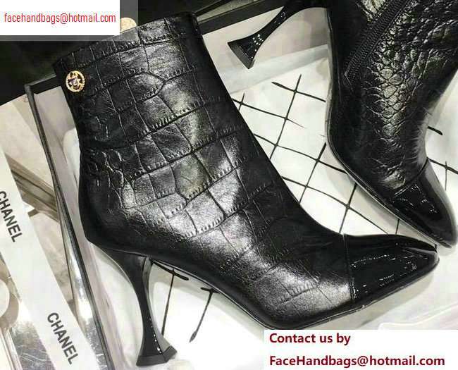 Chanel Heel 8.5cm Ankle Boots G34903 Embossed Matte Calfskin Black 2020 - Click Image to Close