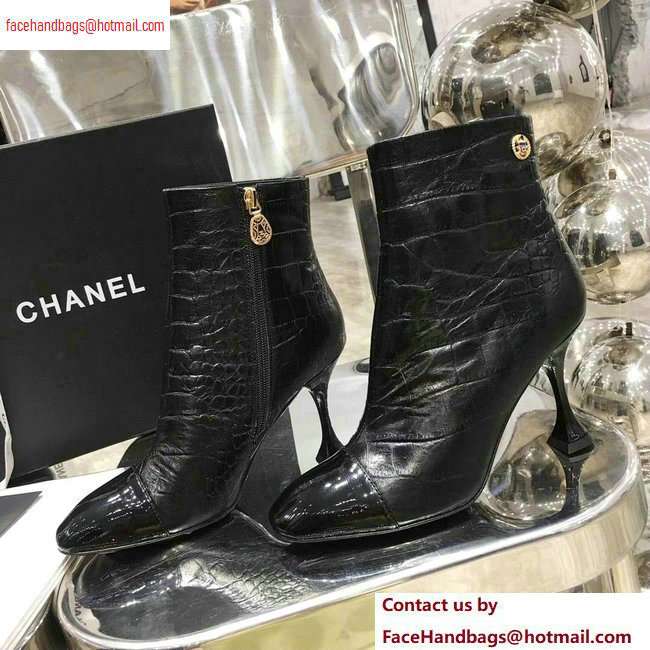 Chanel Heel 8.5cm Ankle Boots G34903 Embossed Matte Calfskin Black 2020