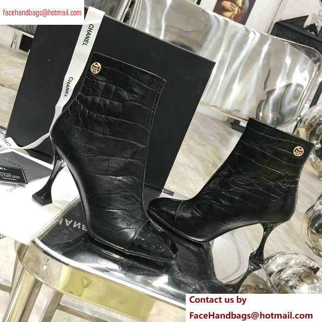 Chanel Heel 8.5cm Ankle Boots G34903 Embossed Matte Calfskin Black 2020 - Click Image to Close
