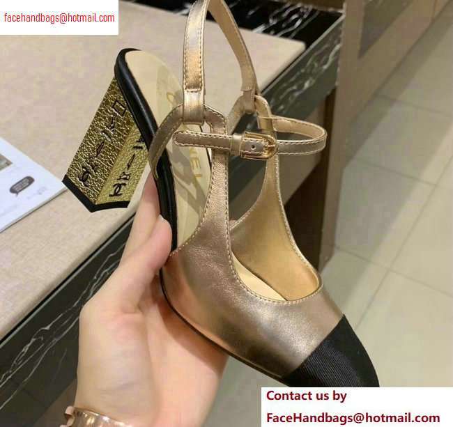 Chanel Heel 8cm Metallic Goatskin/Grosgrain Pumps G34907 Gold/Black 2020