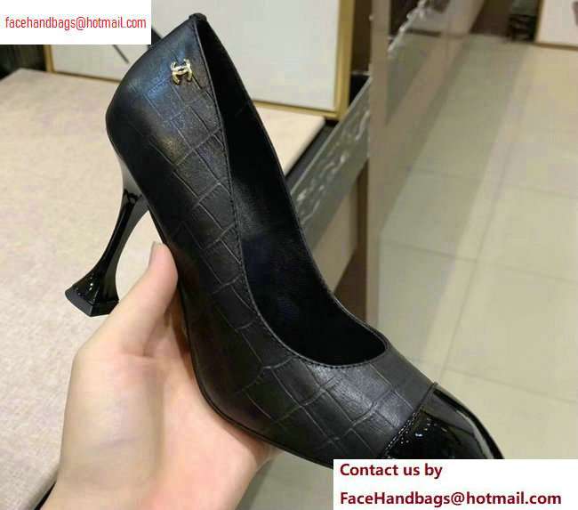 Chanel Heel 9cm Embossed Matte Calfskin/Patent Black Pumps G34885 2020 - Click Image to Close