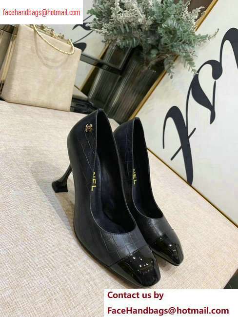 Chanel Heel 9cm Embossed Matte Calfskin/Patent Black Pumps G34885 2020