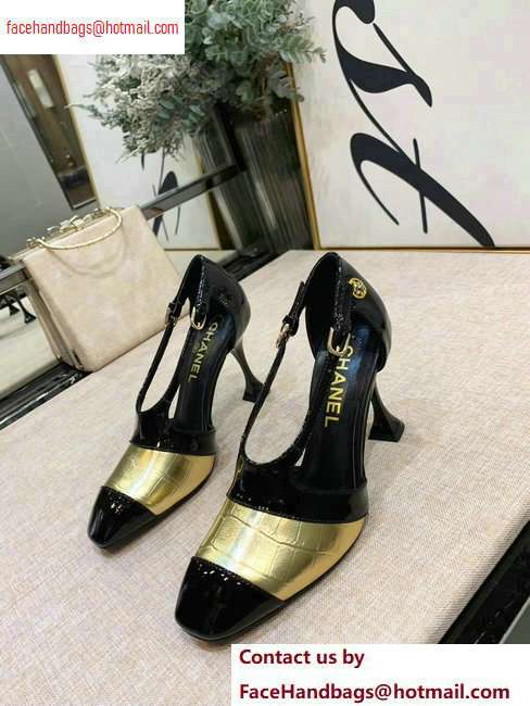 Chanel Heel 9cm Patent Black/Embossed Matte Calfskin Gold Pumps 2020 - Click Image to Close