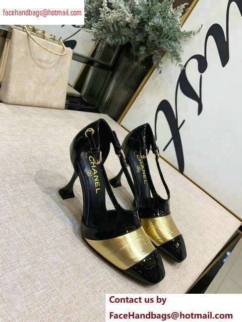 Chanel Heel 9cm Patent Black/Embossed Matte Calfskin Gold Pumps 2020 - Click Image to Close