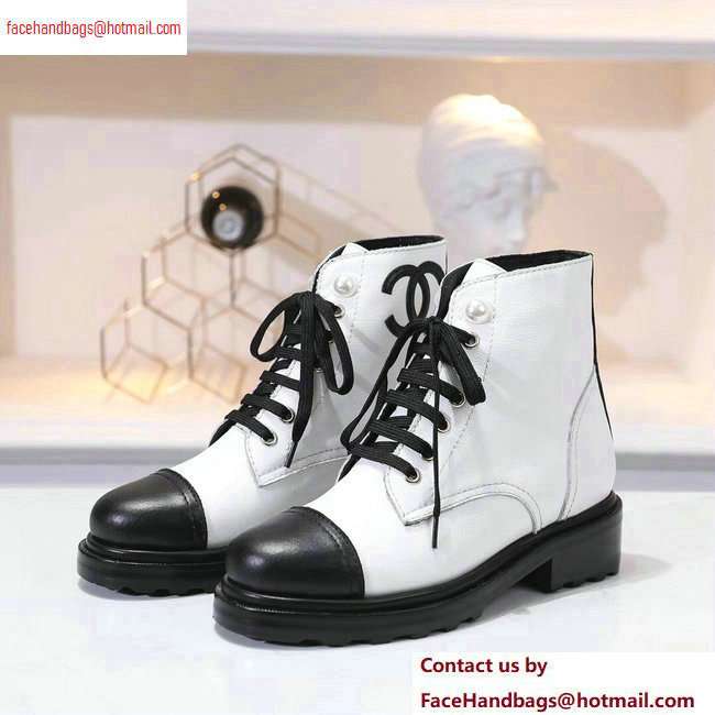 Chanel Leather Heel 5cm Pearl Lace-up Ankle Boots White 2020